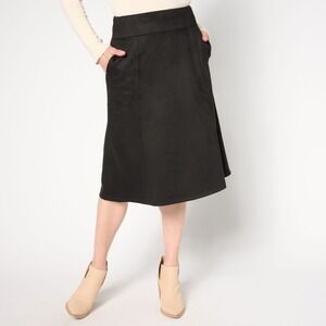 Belle Kim Gravel Black Faux‎ Suede Midi Skirt Size L A-Line Pockets
